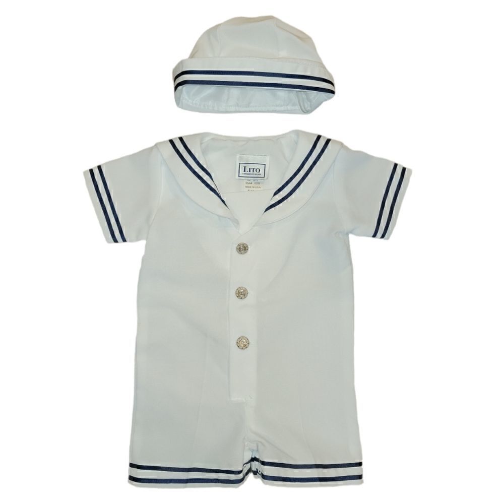 NWOT Lito Children's Wear Boys White Sailor Suit Shortall Romper with Hat 6-12M